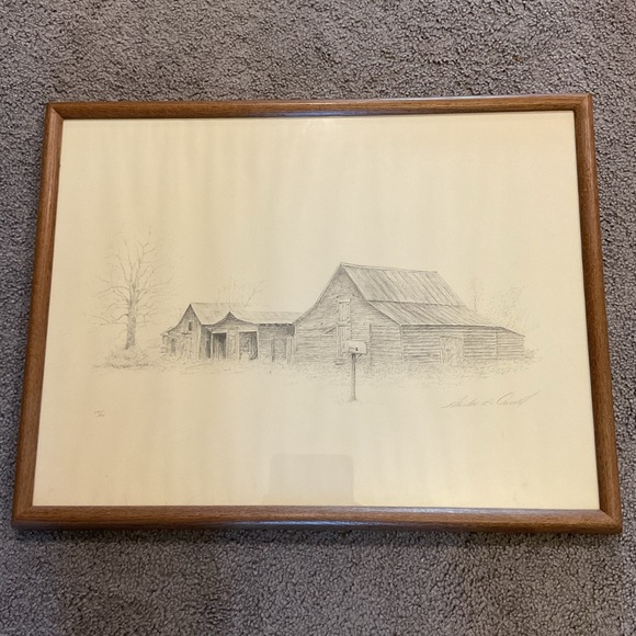 Vintage Lithograph Art Drawing Nature Log Cabin House Barn Signed #’d, Framed - Picture 1 of 6